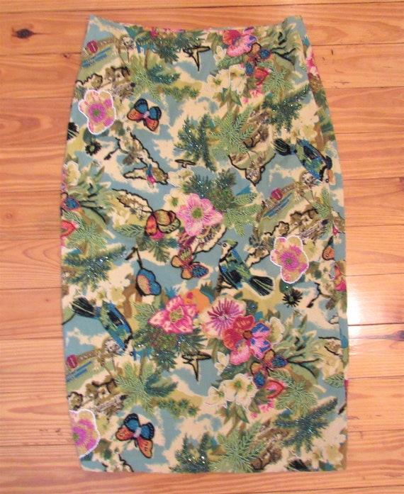 Vintage Dolce Apparel beaded bird straight skirt s