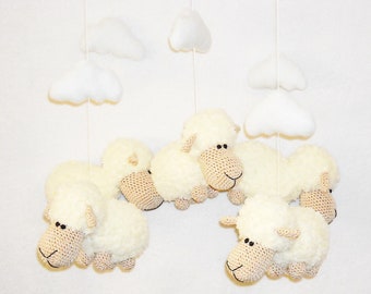 Baby mobile sheep crib hanging nursery mobile  crochet mobile clouds nursery mobile baby shower baby mobile gift