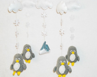 Baby mobile penguins baby gift crochet crib mobile penguin nursery decor mobile clouds snowflakes baby shower gift  for newborn