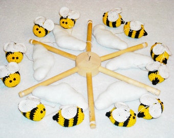 Baby bee mobile cot Crochet bumble bee Crib clouds mobile Decor baby nursery Mobile ceiling Baby shower gift Modern simple unique mobile