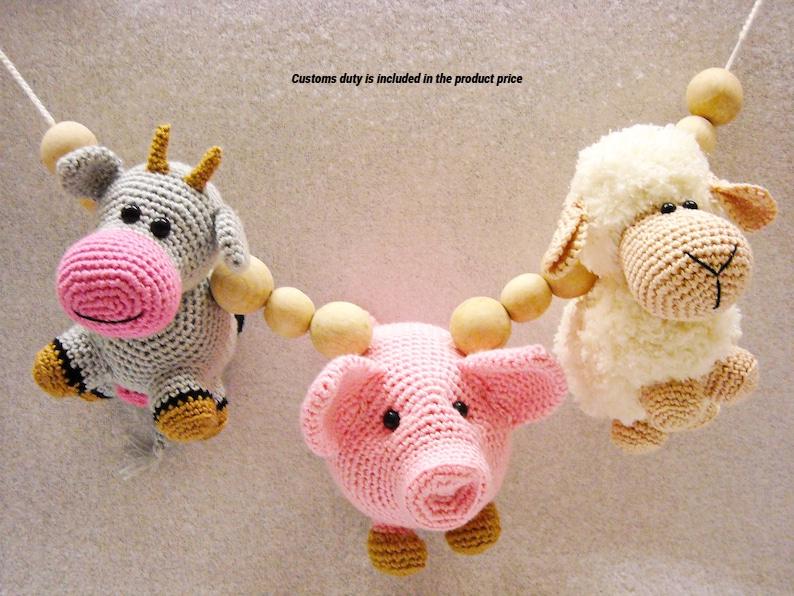 Chaîne De Poussette En Bois Avec Cloche - Jouet Bébé 0+ Mois, Lapin Crocheté, Développement Sensoriel - Cadeau Naissance