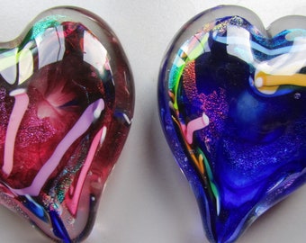 pair of handblown hearts, blue, red, paperweights , his and hers, Vermont blown, USA,