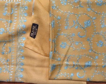 Yellow/ turquoise blue/ 2 ply baby cashmere SHAWL size/full sozni embroidery,Handmade