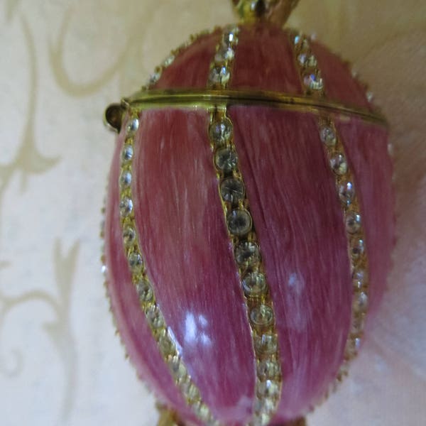 FabergePink /spiral , enamel, guilloche /faberge  egg, spiral/ reproduction/ petersburg museum , 4 ins high,/goldtone/diamante/Easter