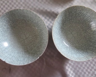 Mint, handthrown, vintage 2  celadon glazed cracklejar bowls, Singapore artist, see marque at bottom,