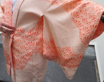 Peach   silk  lined Jacket, Haori,  Shibori, Kanoko, puckered, , summer,autumn jacket/3/4 sleeves/outerwear, UK8-16