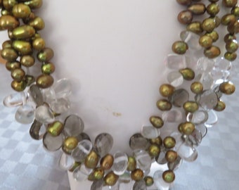 Bronze freshwater potato pearls and crystal necklace/choker 3 rows, lobster claw closure,21 inches