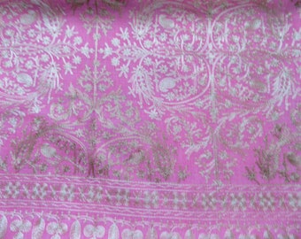 Pink, light gold/ Kashmiri shawl, hijab, rectangular/ 2 ply baby cashmere/silk, 79 ins x 40 ins