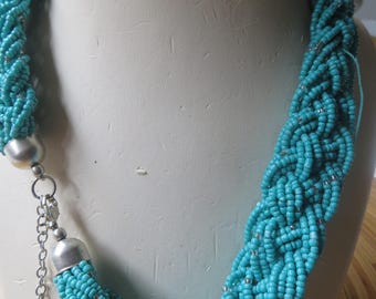 Genuine Turquoise/ necklace, choker/crystal beads/fine extender silver clasp/23 ins/total length, x 1.1 ins wide/braided trellis/boxed