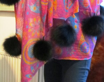 pink , turquoise, modern kashmiri wool shawl,  with 15 mm black fox fur pom poms/tassels, 8 pieces , 88 ins x34 ins