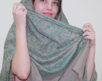 grey, green,hand embroidered/Ring scarf/ floral,  2 ply baby cashmere/ wrap,scarf/,hijab/ travel blanket, stole, Signed/195 cm x 65 cm