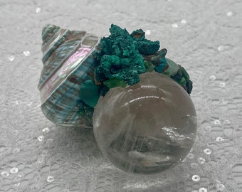 Turbo Shell, Quartz Sphere, Malachite, Turquoise, Emerald, Aventurine Shamanic Orb of Light, Healing, Opens Heart, Intuition, Rejuvenation