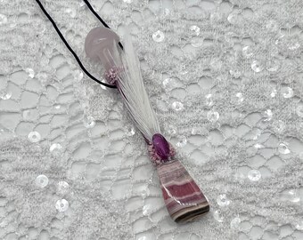 Purpleheart, Rose Quartz Mushroom, Rhodochrosite, Tourmaline, Thulite Shamanic Traveling Magic Wand, Energy Healing Pendant, Self-Love