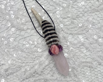 Antler, Rose Quartz, Rhodochrosite, Ruby Shamanic Traveling Magic Wand, Energy Healing Pendant, Self-Love, Empathy, Passion, Rejuvination