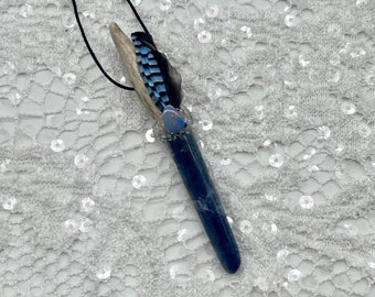 Antler, Blue Kyanite, Blue Opal, Quarz Shamanic Traveling Magic Wand, Energy Healing Pendant, Third Eye Throat Chakra, Intuition