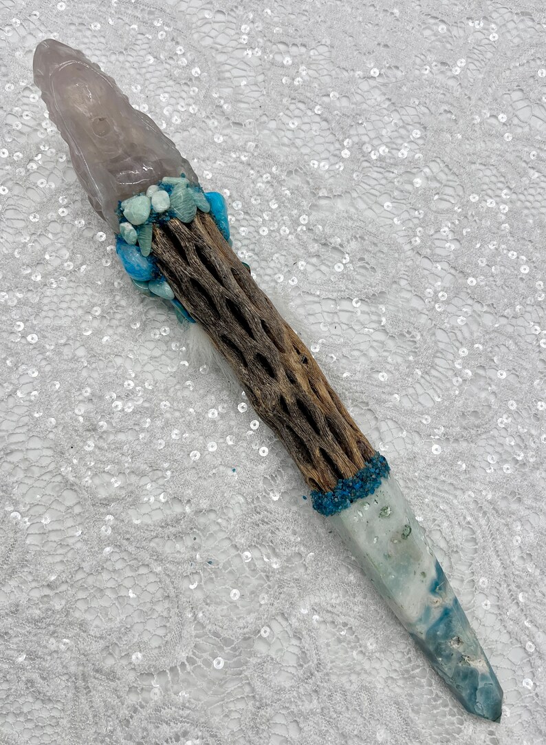 Shamanic Healing Dragon Wand Blue Rose Quartz, Carbbean Blue Calcite, Amazonite, Turquoise, Chrysocolla, Blue Aragonite, Apatite, Self Aware image 4