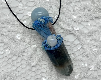 Driftwood, Blue Tara Quartz, Aquamarine, Moonstone, Azurite Shamanic Traveling Magic Wand, Energy Healing Pendant, Third Eye Throat Chakra