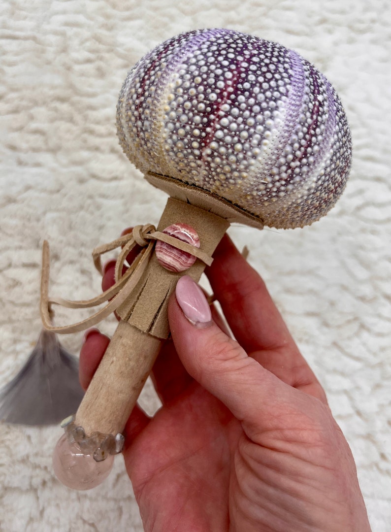 Urchin Medicine, Maple Wood, Rose Quartz, Gray Rainbow Moonstone, Rhodochrosite, Shamanic Healing Rattle, Cleansing, Fae, Merfolk image 4