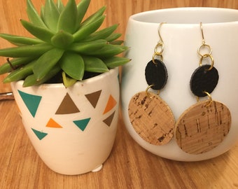double circle black and gold flecked cork leather earrings, stacked circle gold flecked cork earrings