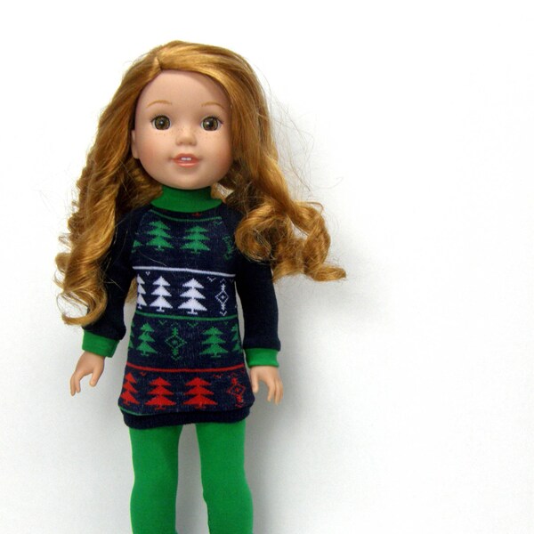 14 inch doll clothes AG doll clothes Winter trees sweater and kelly green leggings made to fit like wellie wishers doll clothes
