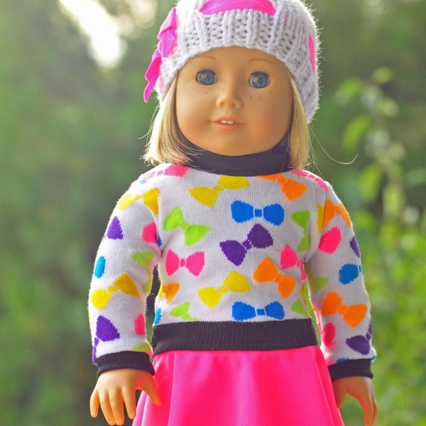 American Girl doll clothes, 18 inch doll clothes, American Girl clothes, bow sweater, pink skater skirt, and white knitted hat with pink bow