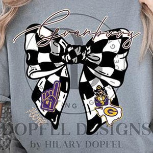 May include: Gray t-shirt featuring a large black and white checkered bow design with the word "Evanbory" in cursive script. The bow has purple and gold accents, with the text "#1 Fan" and "Go" visible.