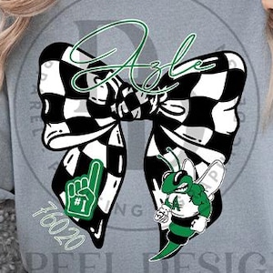 May include: Grey t-shirt with a large graphic of a black and white chequered bow and a green and white stylized bee. The bow has the word "Azle" in green script. A green foam finger and the number "1" are also included.