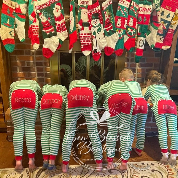 Christmas stripe Butt Flap Pajamas * Personalized Christmas Jammies * Drop Seat Christmas Pajamas