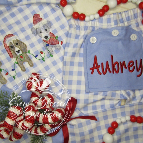 Gingham Christmas Pajamas / Unisex Butt flap Pajamas /  Santa Puppy Dogs Embroidered   Personalized Jammies