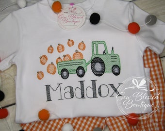 Fall Themed  Children's Apparel / Halloween and Thanksgiving Themed Shirt / Pumpkins and Tractor Designed set