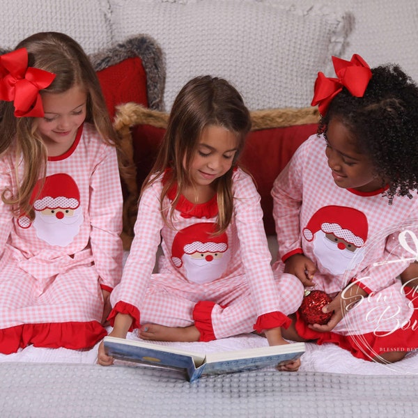 Girl's 2pc Christmas Pajama Set * Santa Applique Christmas Pajamas * Girl's Christmas Ruffled Pajama Set