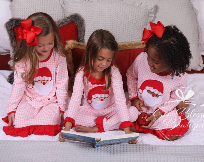 Girls Christmas Pajamas Embroidered , Newborn Footie , Custom Name Red