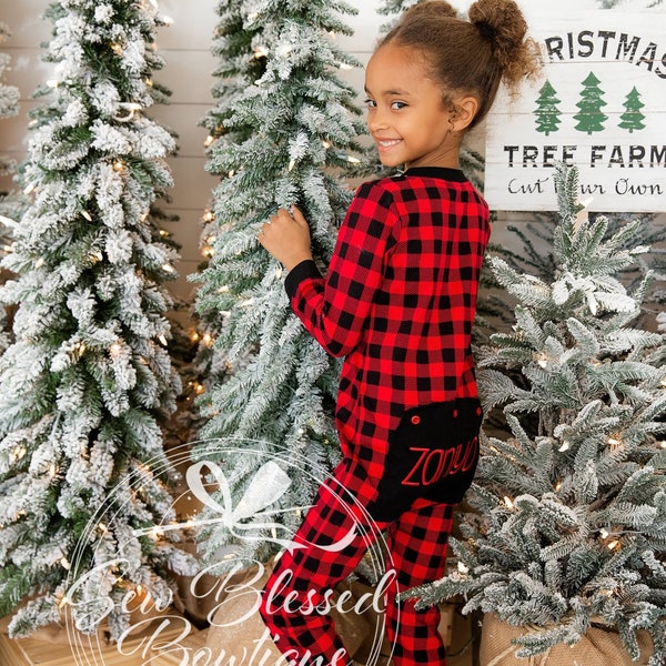 Red and black plaid Christmas Rompers * Personalized Drop Seat Christmas Plaid Butt Flap Rompers * Faux Butt Flap Jammies