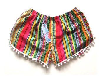 Red Aztec Stripe Print Pom Pom Shorts