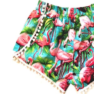 Green Retro Flamingo Print Pom Pom Shorts image 4