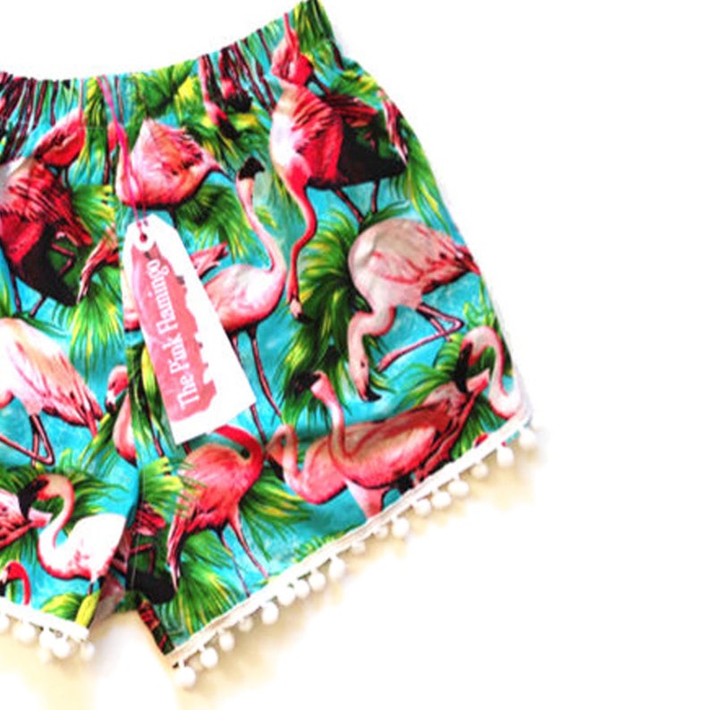 Green Retro Flamingo Print Pom Pom Shorts image 2