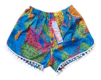 Bright Blue Map of the World Print Pom Pom Shorts