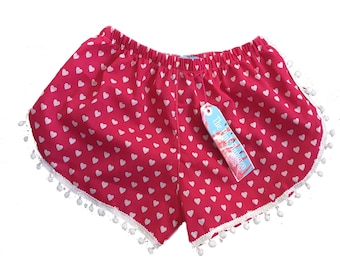 Hot Pink Love Heart Print Pom Pom Shorts