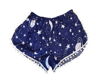 Navy Galaxy Print Cotton Pom Pom Shorts