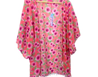 Pink Vintage Floral Print Pom Pom Trim Kimono