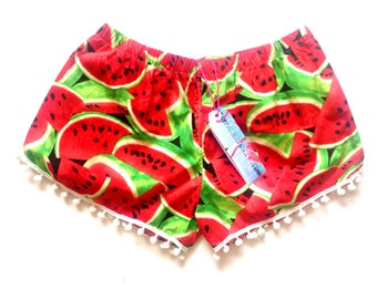 Rote Retro Wassermelone Print Pom Pom Shorts