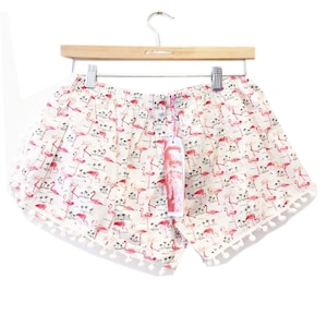 Ivory Flamingo Print Pom Pom Shorts White