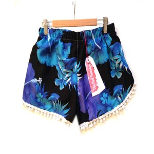 Blue and Black Tropical Print Pom Pom Shorts