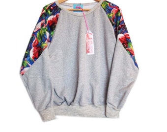 Purple Retro Flamingo Print Raglan Sleeve Slouchy Sweater