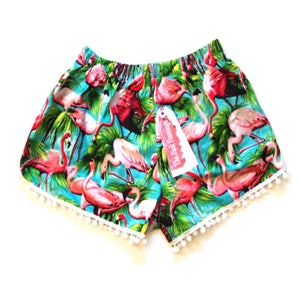 Green Retro Flamingo Print Pom Pom Shorts image 1