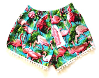 Green Retro Flamingo Print Pom Pom Shorts