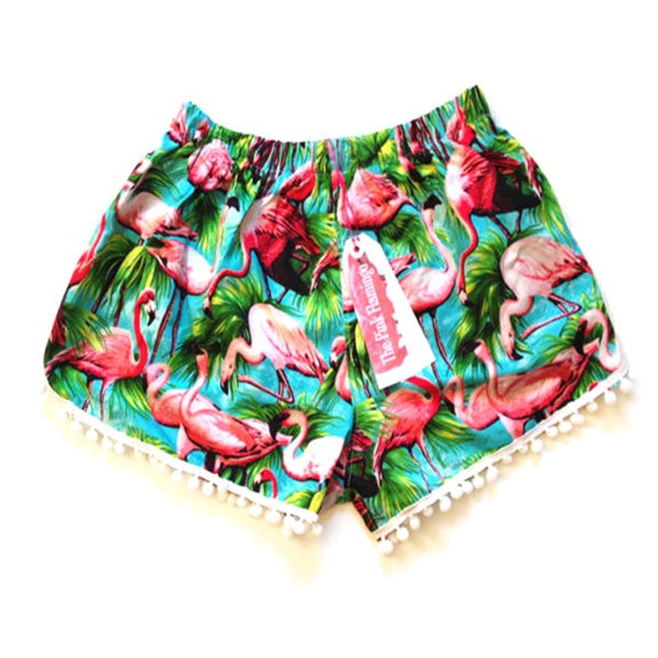 Green Retro Flamingo Print Pom Pom Shorts