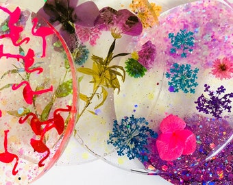 Handmade Resin Coaster - Gift Sparkly, Floral, Ombre