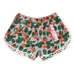 Grey Tropical Flamingo Print Pom Pom Shorts