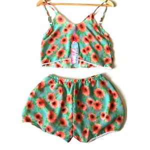 Blue and Orange Floral Print Pom Pom Cami and Shorts set
